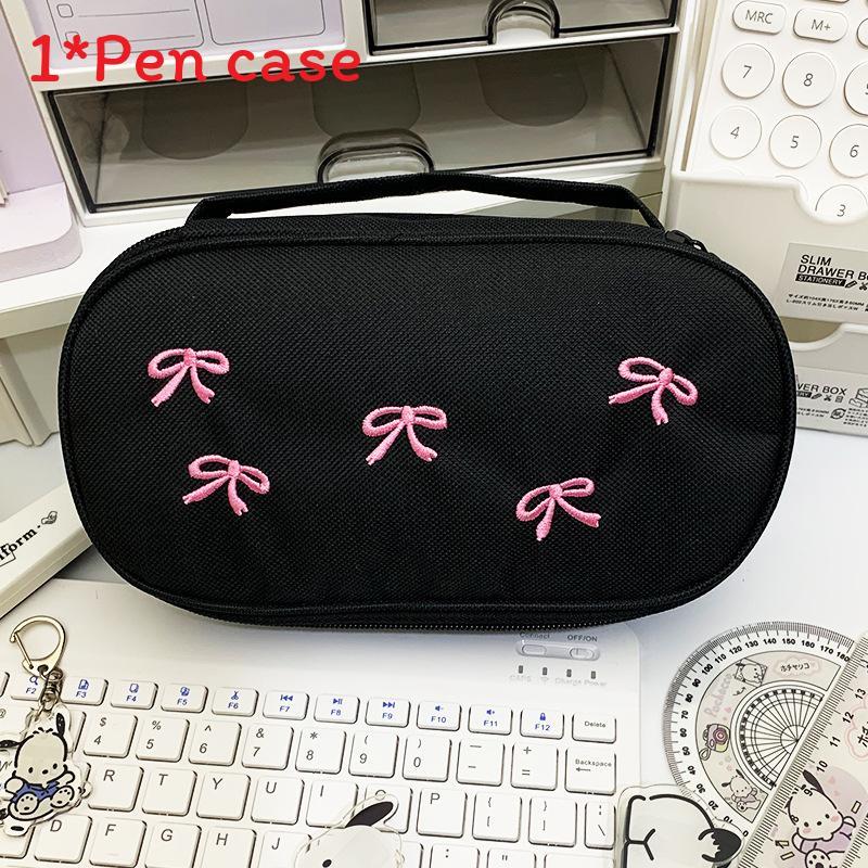 

Girl Butterfly Bow Embroidered Canvas Pencil Case With Storage Compartments For Students Large