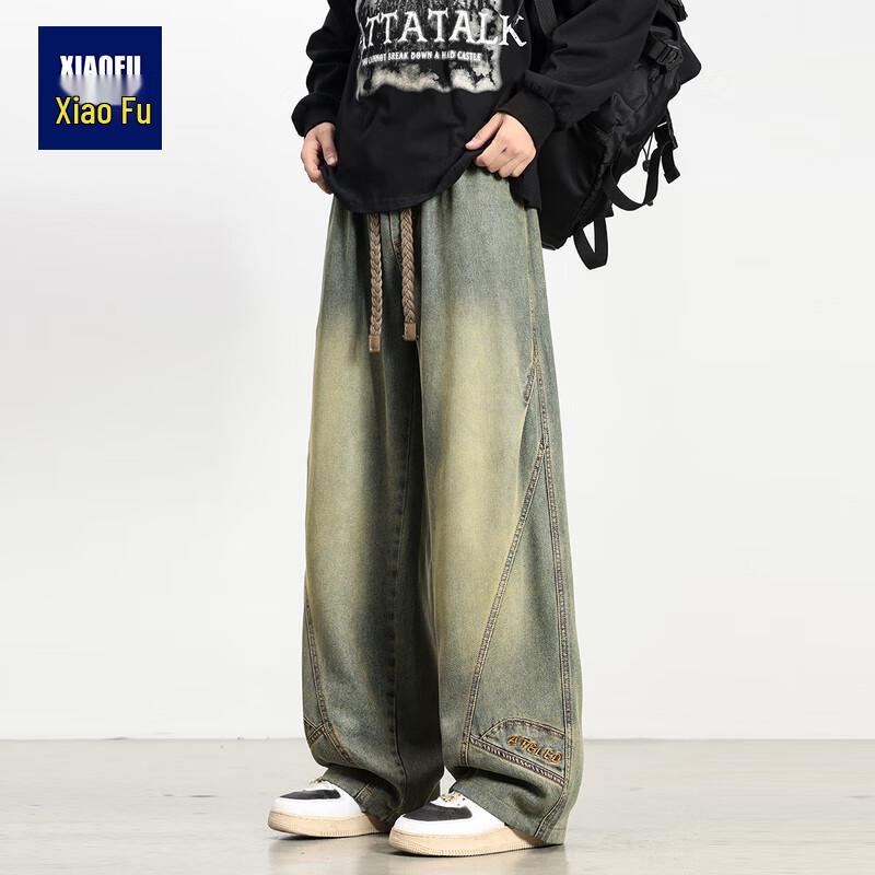 

Мужские джинсы из выстиранного денима свободного кроя на осень 2025 года, широкие штанины, рабочая одежда, многослойность 3XL