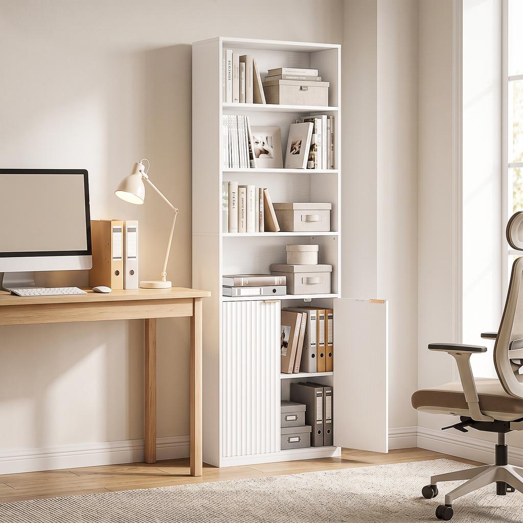 Bookshelf, 6-Tier, 60 x 24 x 182 cm, 4 Open Compartments, 2 Doors, White