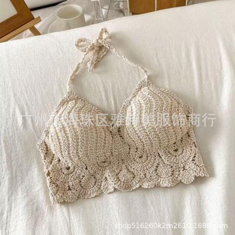 New fashionable and sexy tube top with small suspenders for women's summer seaside beach lace-up hollow knitted neck top
