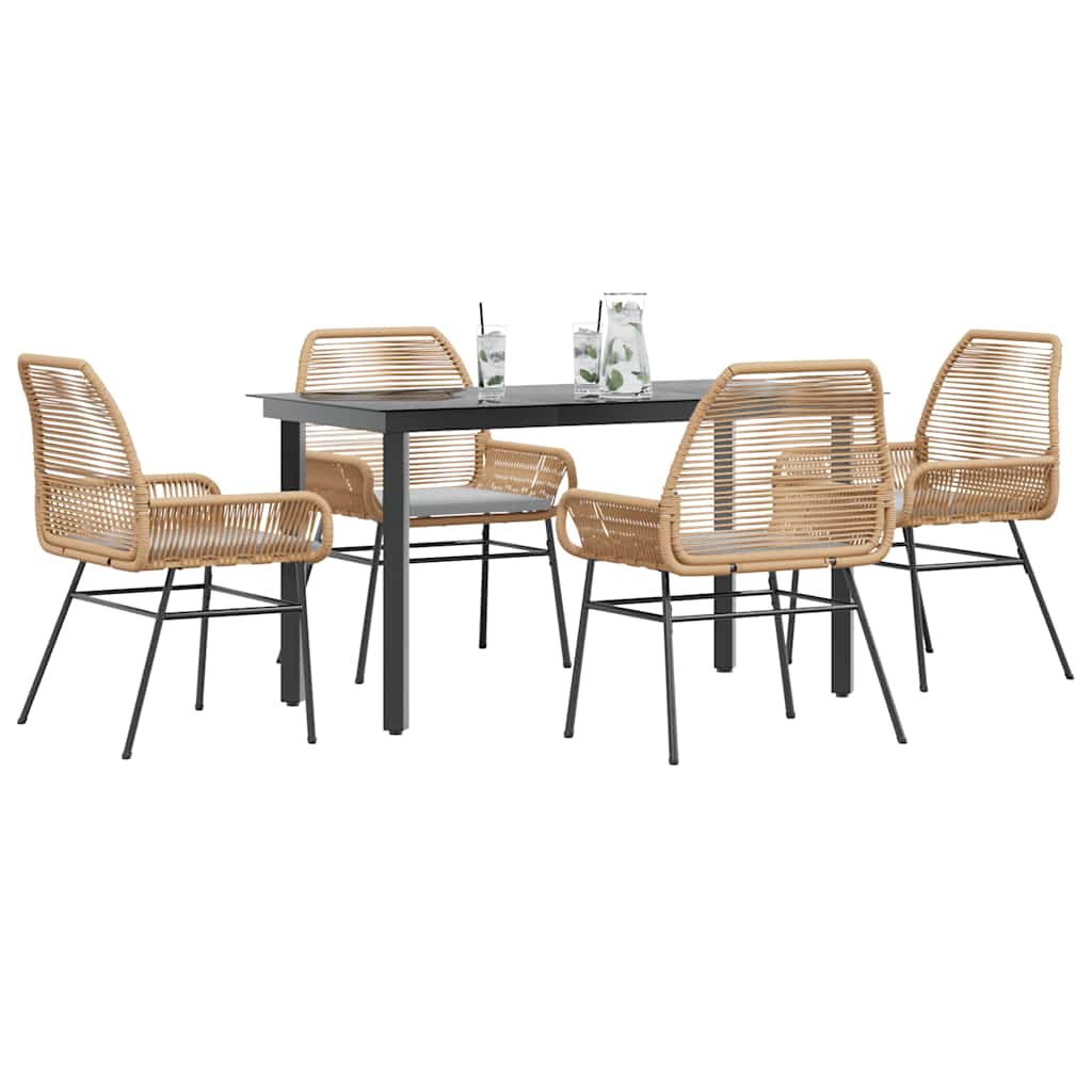 5 Piece Outdoor Dining Set with Cushions Brown Poly Rattan Glass Table