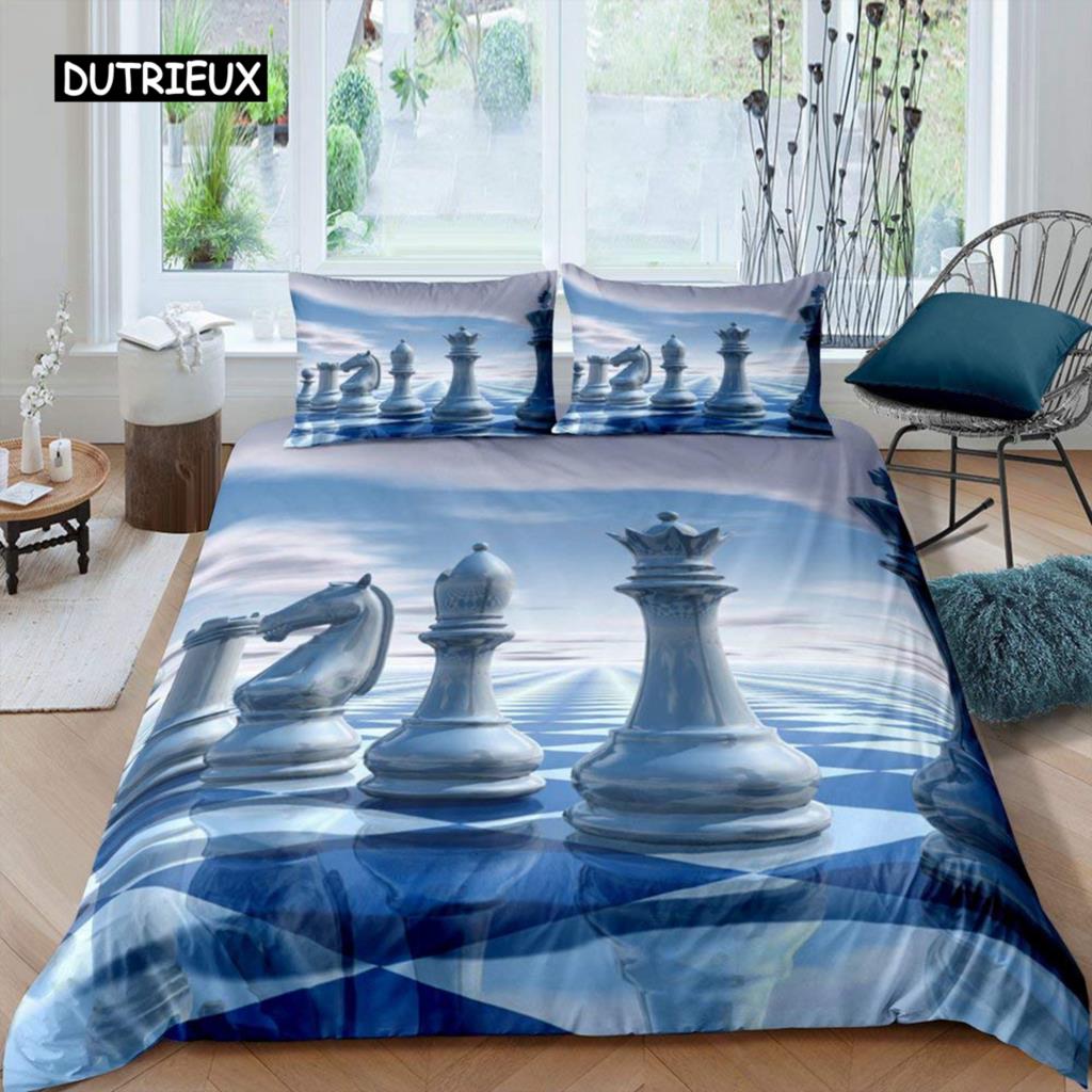 Bettbezug-Set mit internationalem Schachmotiv, Queen-Size-Bettwäscheset für Schachliebhaber, für Kinder und Erwachsene, Mikrofaser, schwarze Basis, 2/3-teiliger Bettbezug