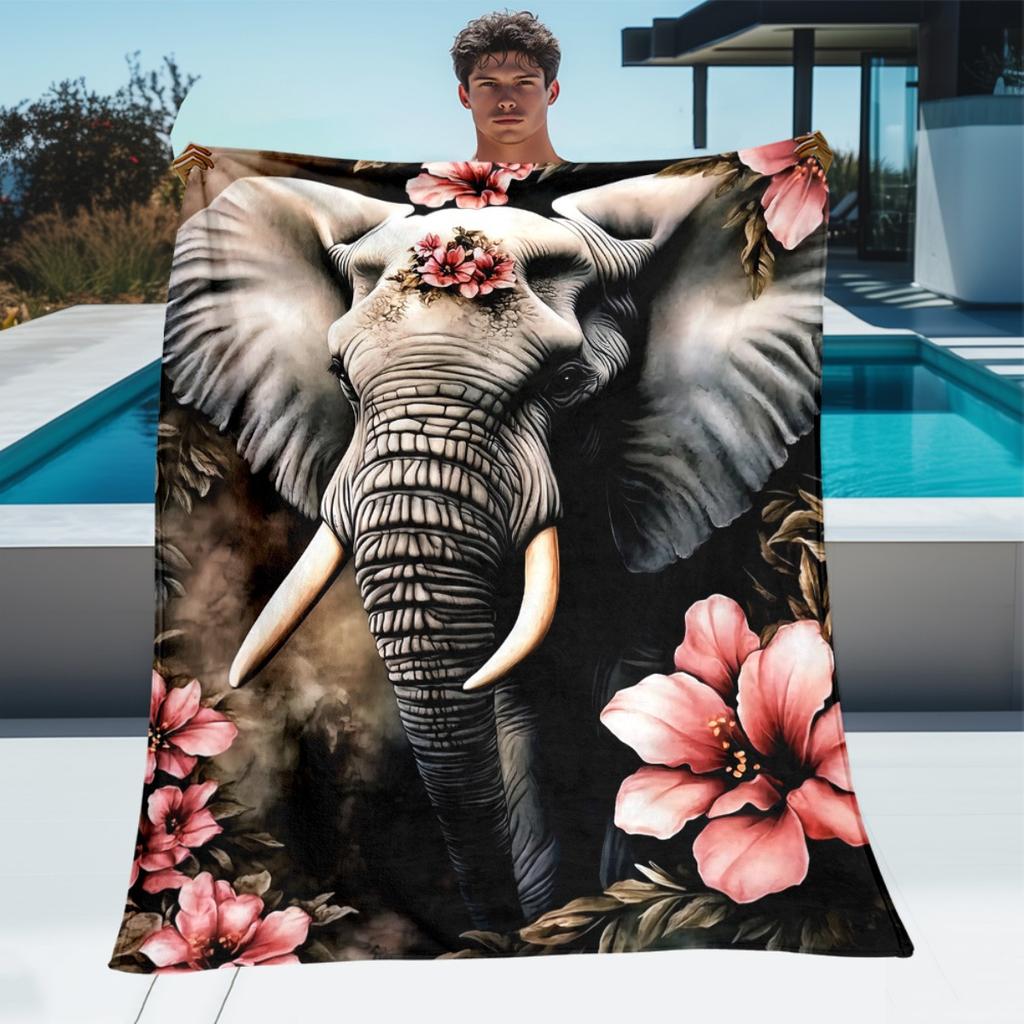 1pc Elephant & Floral Design Flannel Throw Blanket - Lightweight Soft Warm All-Season Polyester Blanket for Sofa, Camping,
