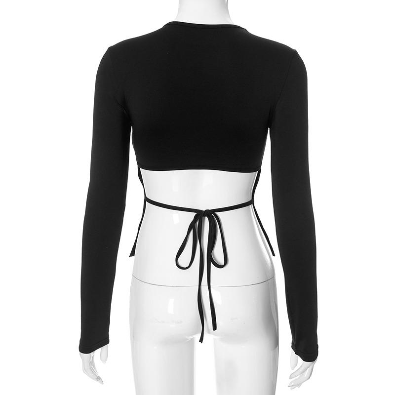 Modisches langärmliges rückenfreies sexy T-Shirt für Damen, modisch, Slim Fit, Basis, Schnürung, schwarze T-Shirts für Damen, Frühling und Herbst, Street-Casual-T-Shirt, Tops 25553