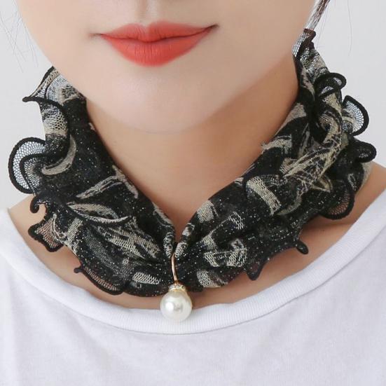 Women Faux Pearl Ruffled Square Scarf Fashion Multi-use Lace Hair Band Gift
