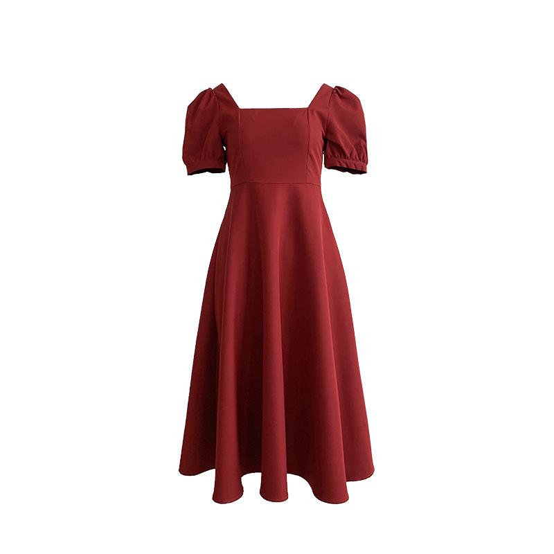 Square Neck Retro Short Sleeve Women Dress  Fashion Summer Elegant Female Basic Bodycon A Line Dresses