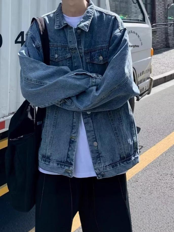 Men's Trendy Hong Kong-Style Denim Jacket - Spring/Autumn Loose Fit Korean Retro Workwear