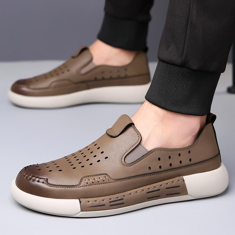 Summer New Designer Hollow Breathable Leather Brown Yellowish-Brown Casual Shoes For Men Sandal Loafter Business Dress Footwear