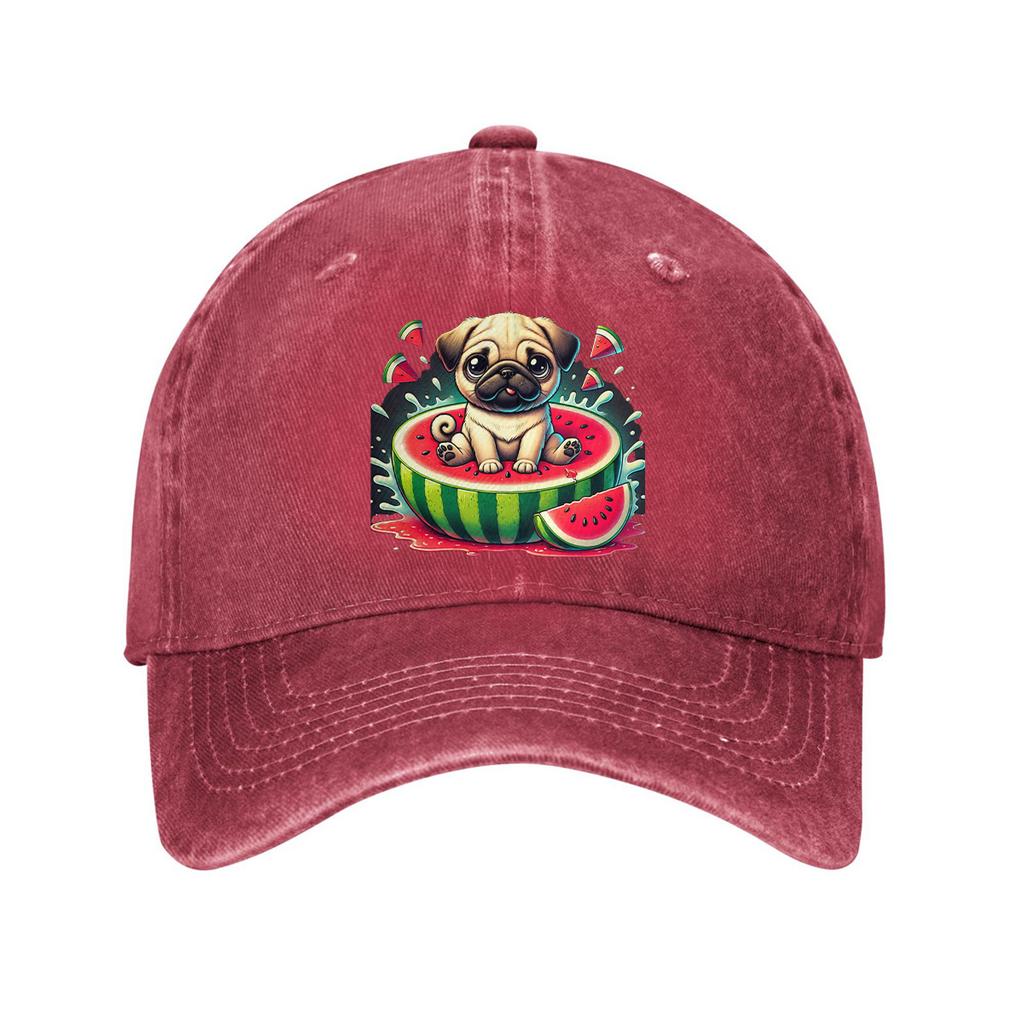 Pug Eating Watermelon Graphic Baseball Cap Cotton Casual Adjustable Sun Protection Unisex Hat