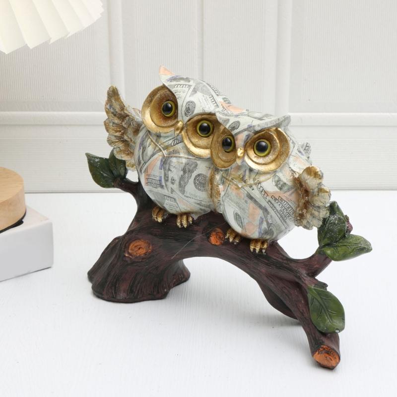 Dollar Print Owl Perching On Tree Branch Sculpture Figurine Water Transfer Handmade Resins Desktop Ornament Home Decors