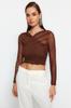Women's Fashion Blouse Crew Neck Long Brown Striped Premium Viscose Soft Fabric Fitted Crop Stretchy Knitted Blouse