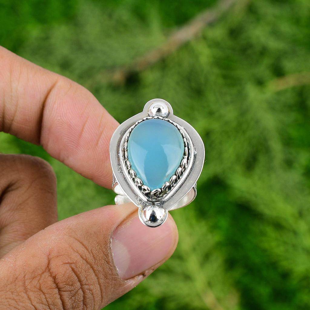 Gift For Women Multi Stone Adjustable Ring 925 Silver Natural Blue Chalcedony