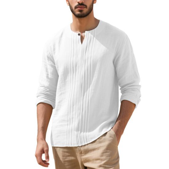Men Shirt Round Neck Long Sleeve Loose Fit Shirt Pure Color Pleated Casual