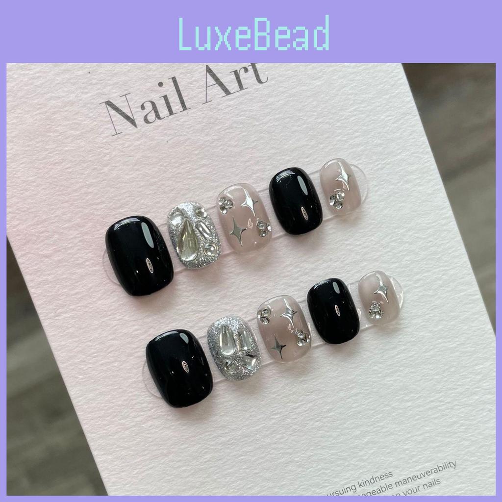 Fashionable Fake Nail Tips With Black Sparkling Water Diamoans And Star Design For Teen Girls And Students