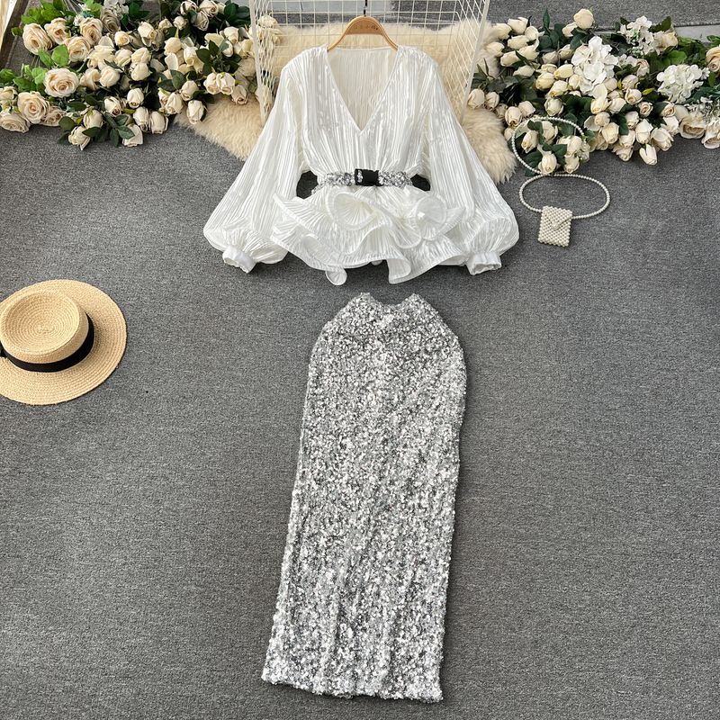 

Adult Lady like Woman Western Style Suit Ruffles Ruched Sequin Tops White One size