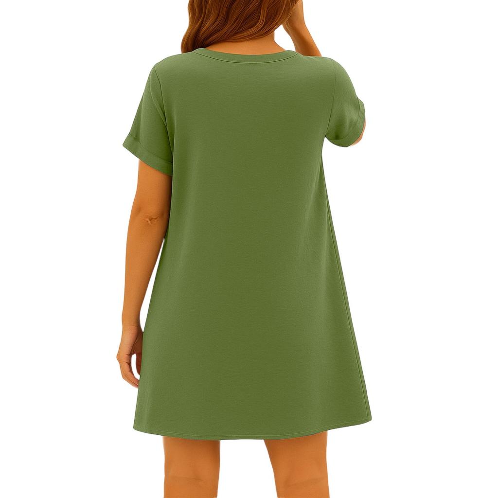 Lässiges Leinenkleid für Damen mit V-Ausschnitt, Knopfleiste, kurzen Ärmeln und lockerer Passform