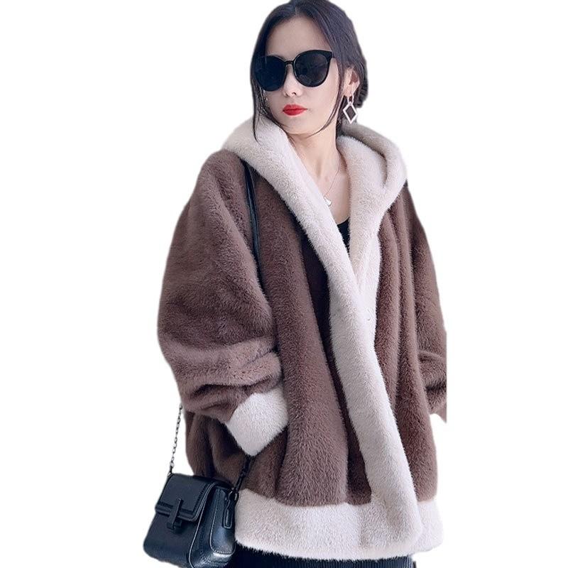 Kapuzenjacke aus kontrastfarbenem Nerz-Fleece-Pelzimitat für Damen mit integriertem, lockerem, dickem, warmem, langärmeligem Pelzmantel