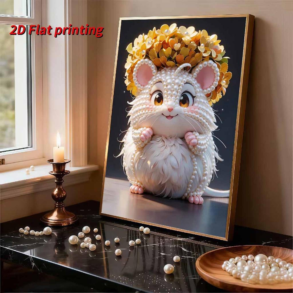 5D DIY Frameless Pearl Painting Hamster and Flowers Pattern Painting Kit Suitable for Home Living Room Bedroom and Other Wall Decoration Art Paintings