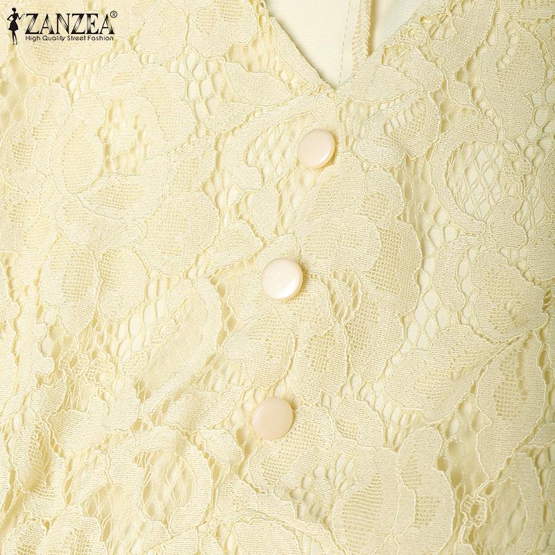ZANZEA Damen Lässig V-Ausschnitt Kurzarm Elegantes Patchwork Spitzenkleid