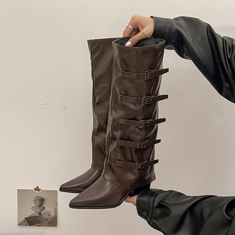 Fashion Pointed Toe Women Knight High Boots Designer Belt Buckle Platform Heel Shoes Autumn Winter Thick Heel Ladies Long Booties