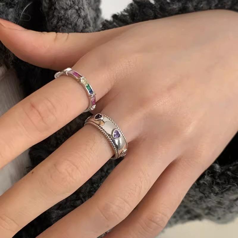 Summer Rainbow Zirconia Heart Shaped Adjustable Ring For Women Stylish Y2k Trend