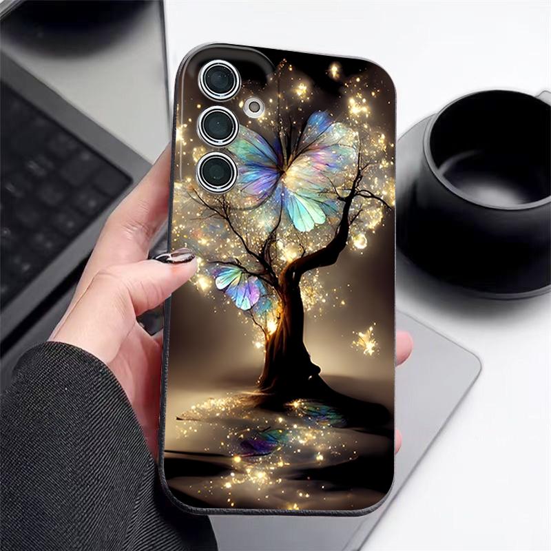 Shining Fantasy Tree Butterfly Pattern Case For Samsung Galaxy S26 Ultra S25 Edge S24 S23 S22 Plus S21 FE Leather Texture Silicone Cover