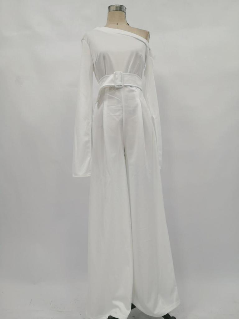 European and American Fashion Casual Foreign Trade New Women's Clothing Long-sleeved One-piece Lace-up Wide-leg Pants Trousers White Autumn and Winter