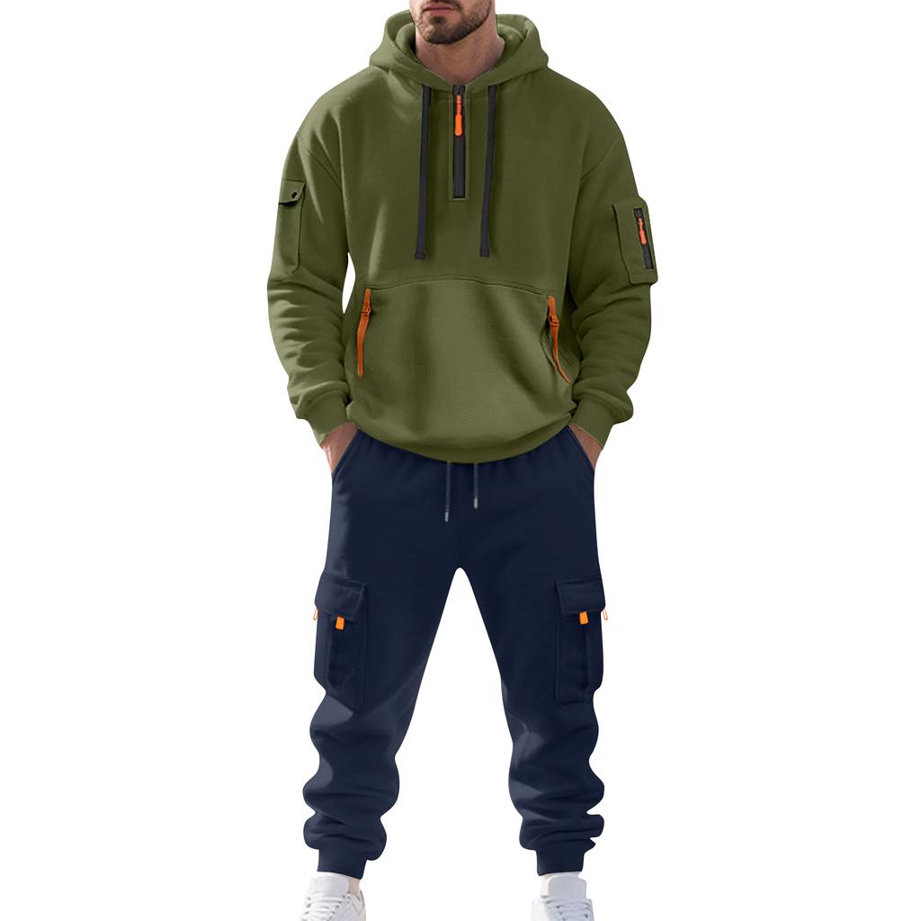 Men's Solid Color Casual Suit Loose Sports Hooded Sweatshirt With Pockets Multi Pocket Overalls Suit