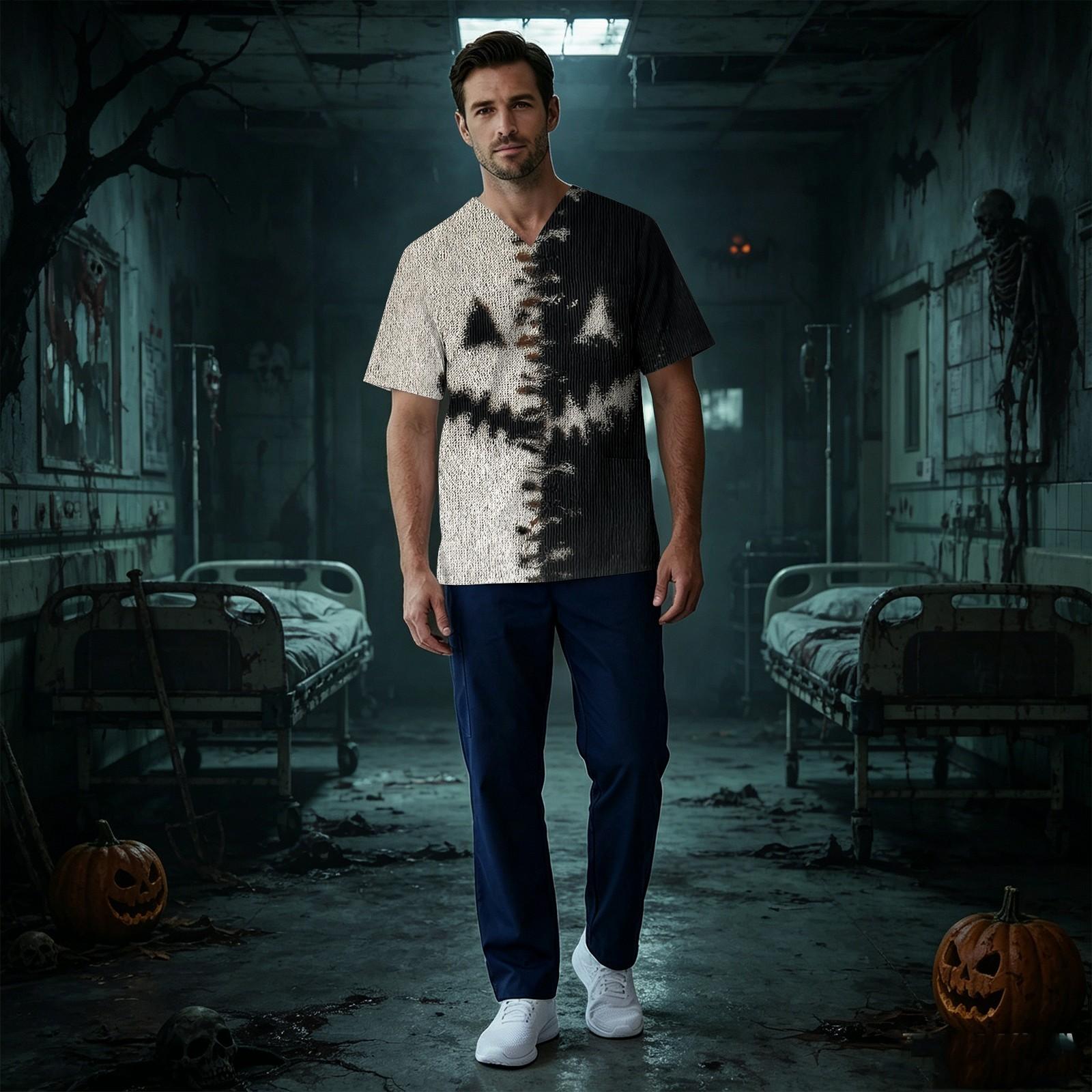Men s V-Neck Short Sleeve Scrub Top with Halloween Print and Chest Pocket XXXXXL