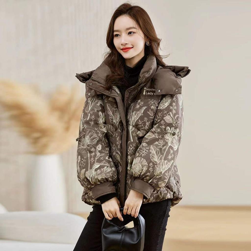 Down Cotton-padded Clothing, Winter Large-size Women's Clothing, Loose Printing, Warm Cotton-padded Jacket, Thickened Hooded Jacket Tide