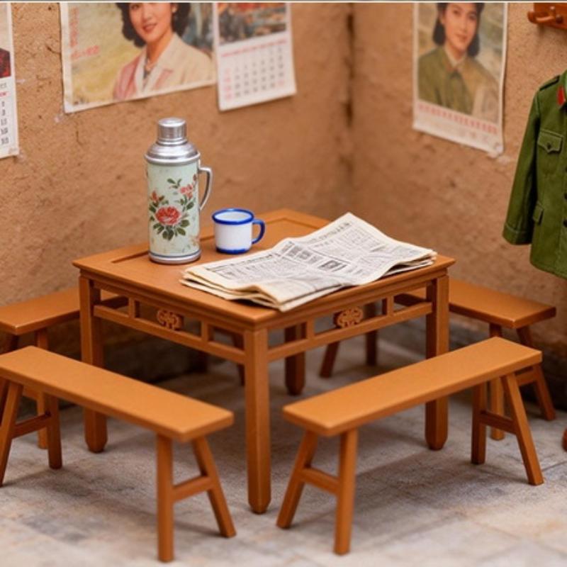 5Pcs Montessori Miniature Imitation Table Long Bench Model 1:12/1:18 Dollhouse Furniture Accessories For Girl Gifts