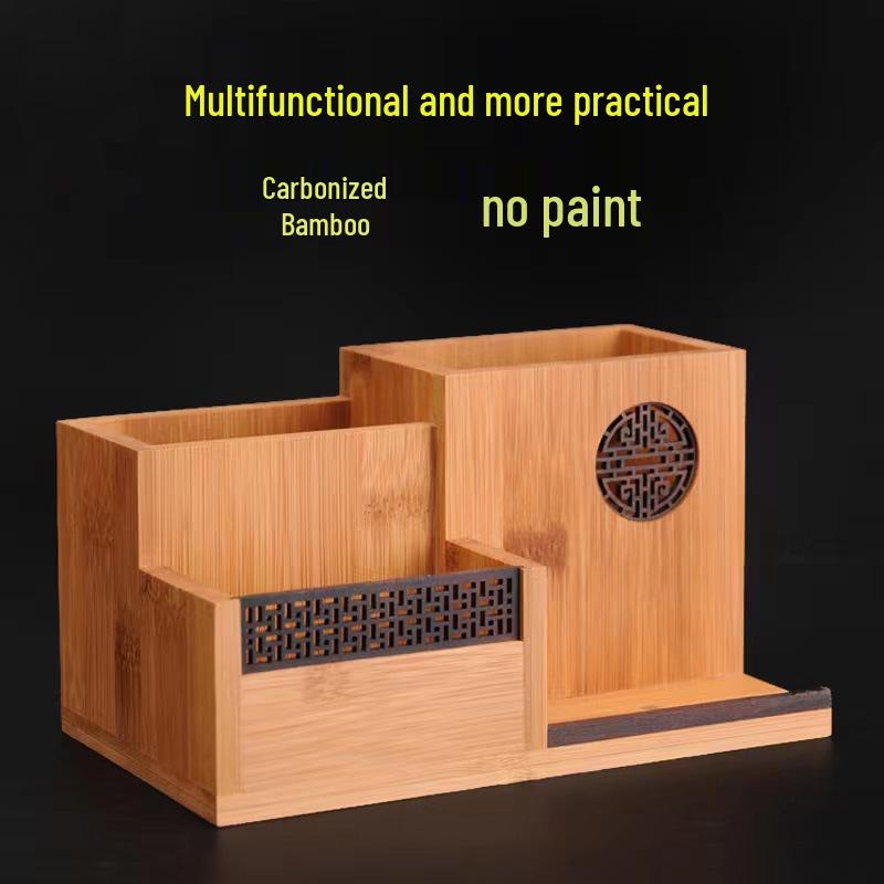Engraved Chinese Style Multifunctional Pen Holder: Elegant Business Desktop Organizer Four Symbols Edition
