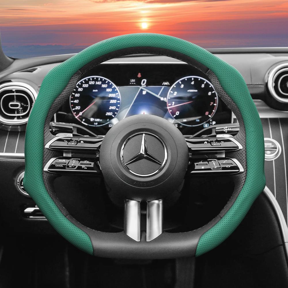 Suitable for Mercedes-Benz Perforated Leather Steering Wheel Cover, Non-Slip, Sweat-Absorbent, Breathable, Integrated Protective Case V 