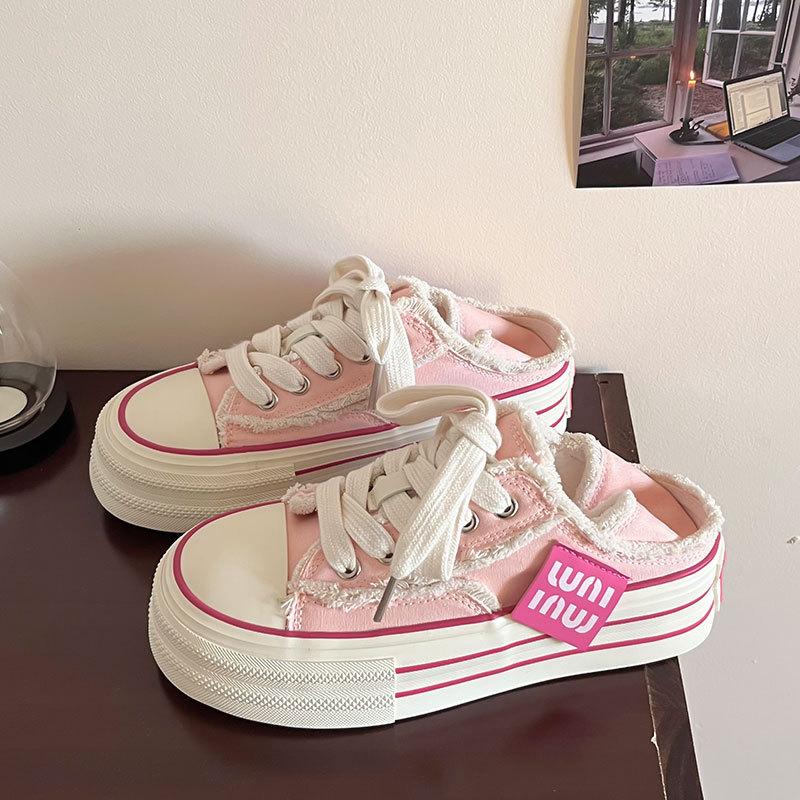 

2025 new summer platform canvas shoes female lazy pedal two wear half drag casual versatile breathable little white shoes 35 розовый