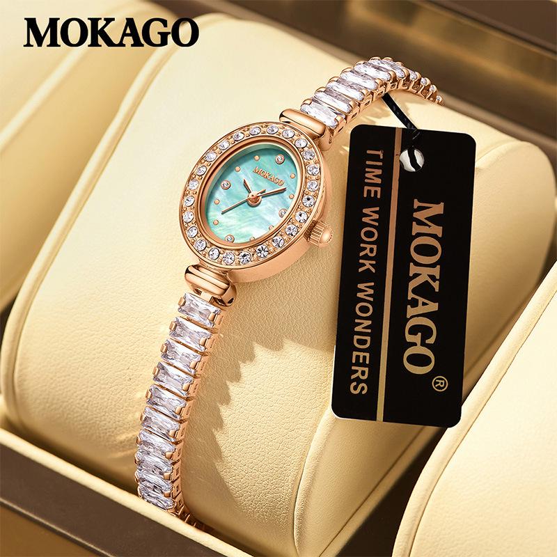 Mokago Exquisite Women s Oval Diamond-Accented Mother-of-Pearl Dial Quartz Wristwatch with Copper Band - Waterproof.