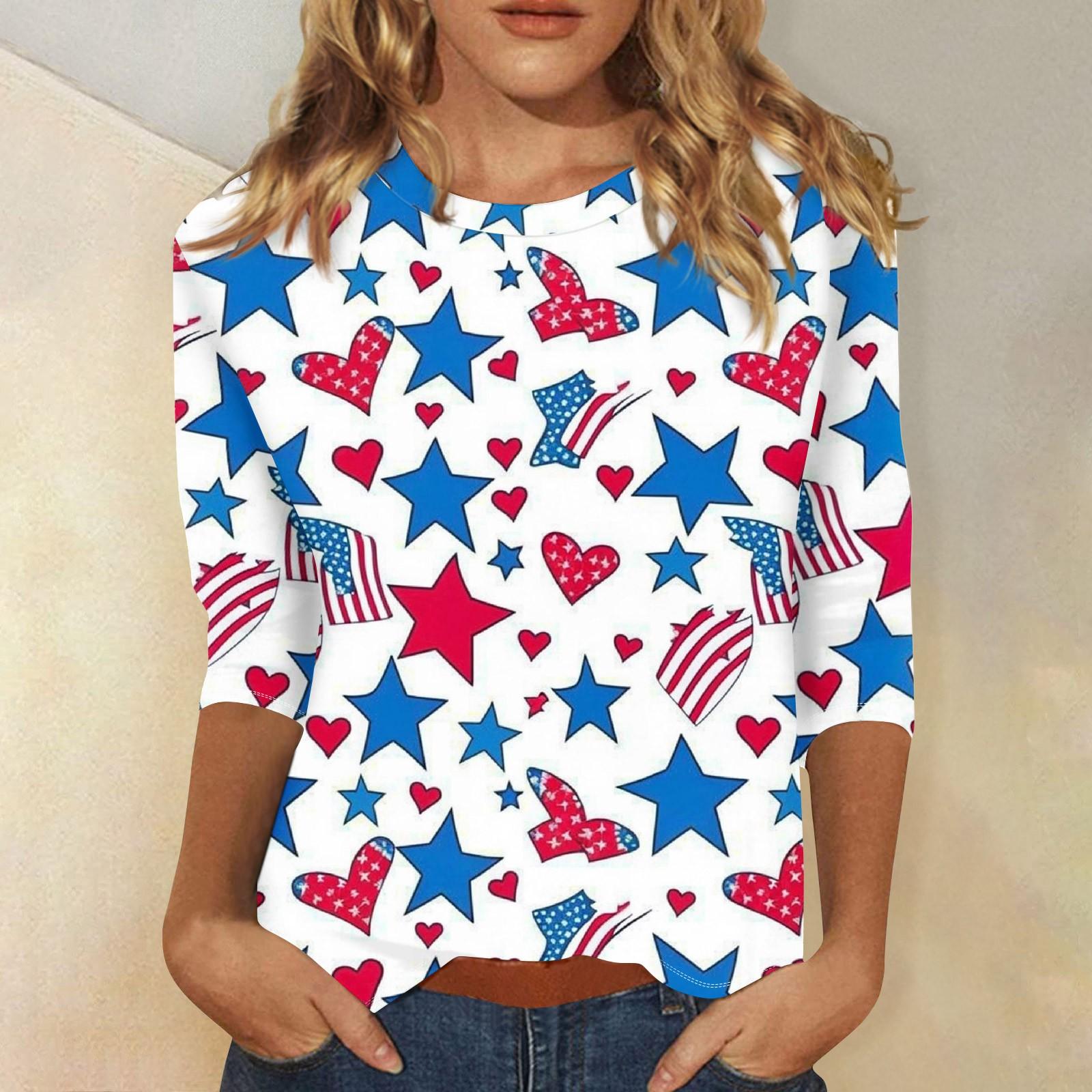 

Женская мода повседневная рубашка с круглым вырезом и рукавом три четверти с принтом «День независимости» S