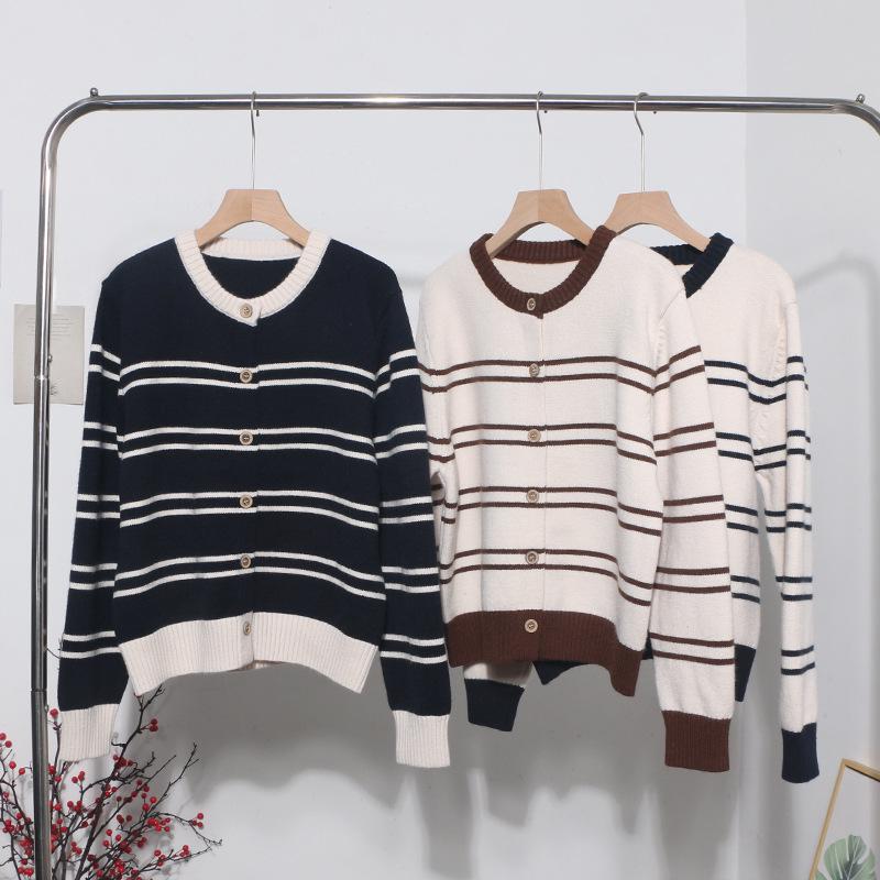 Korean Style Retro Color Block Striped Cardigan Sweater - Thickened Autumn/Winter Outerwear Women
