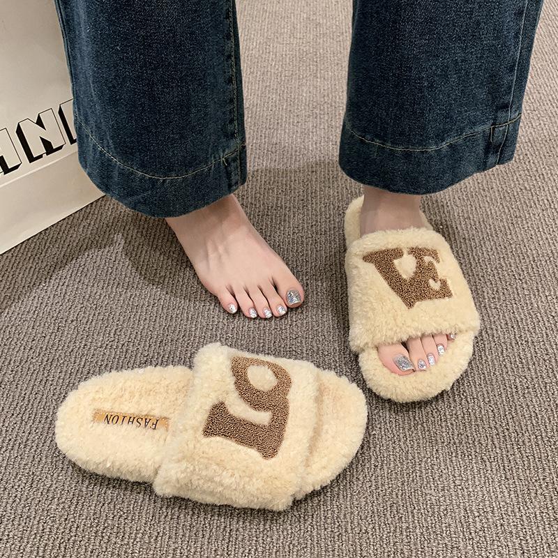 Fashionable letters wear thick-soled fluffy slippers 2025 new suede one-word drag autumn and winter warm cotton drag women's shoes