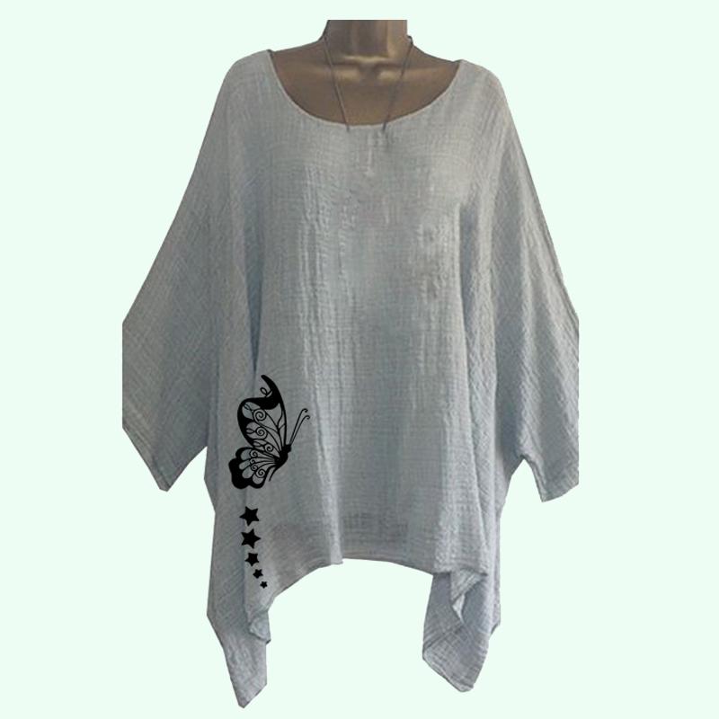 Übergröße DamenDünnes Baumwollleinenhemd Frühling&Sommer Lässig O-Ausschnitt Locker Langarm Top Damenmode Blumendruck Langes Hemd