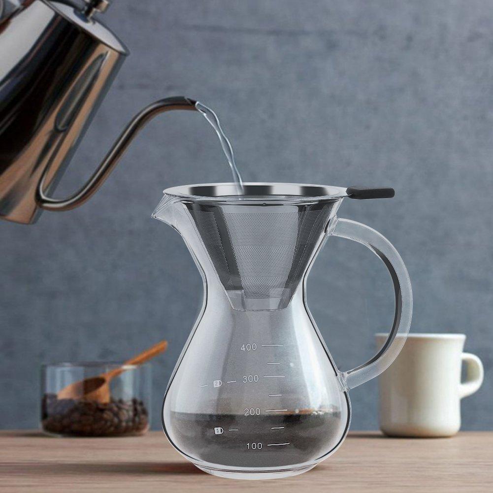Richer-R 400ml Glass Hand Drip Coffee Pot with Stainless Steel Filter, Heat-Resistant Glass, Handheld Coffee Dripper with Thick Handle, Insulated,