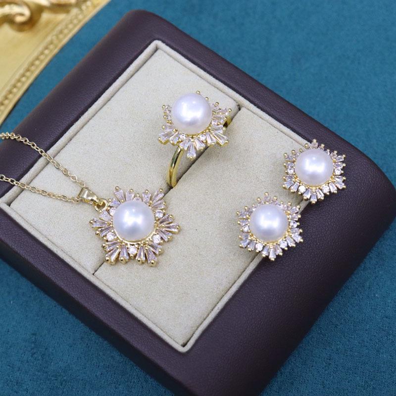 18K Gold-Plated Freshwater Pearl Jewelry Set: Necklace, Earrings & Ring with Micro-Pave Diamonds (9-10mm Pearls).