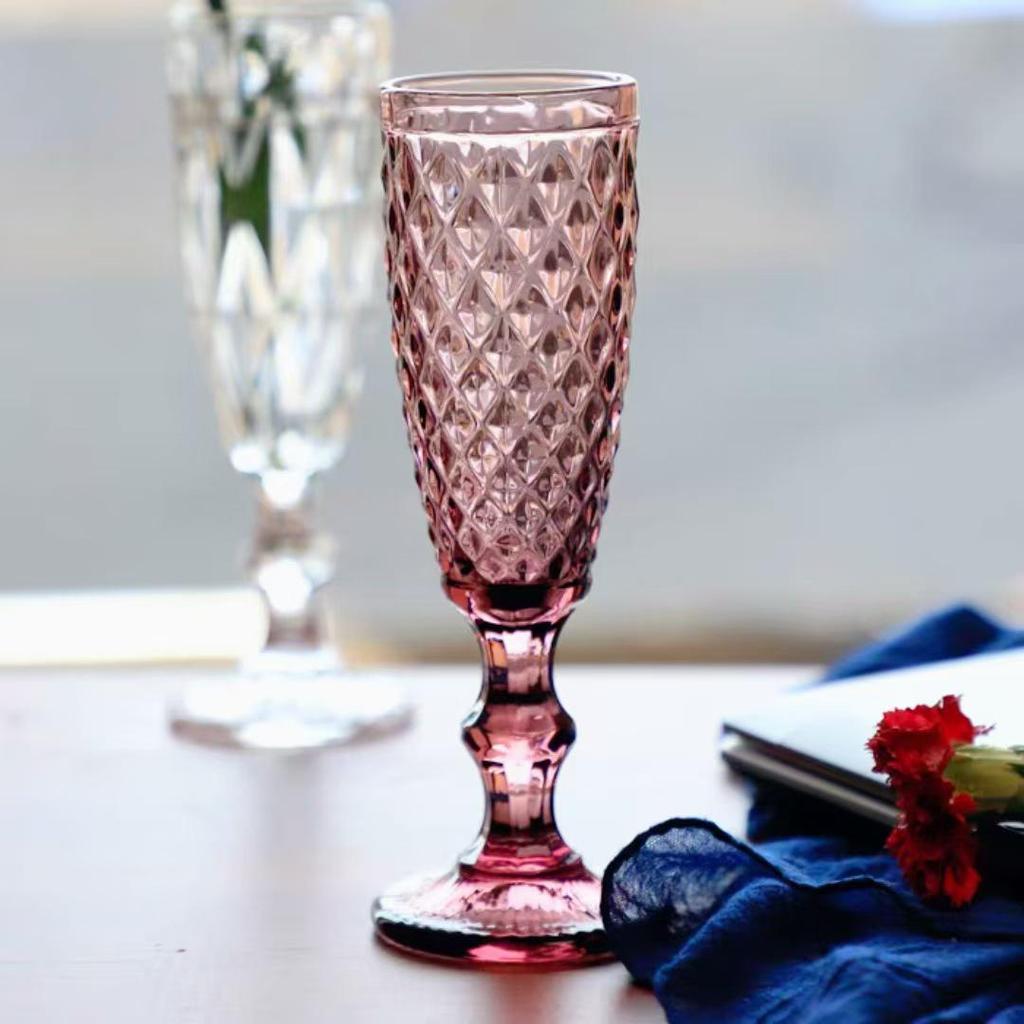 Vintage Tall-Stemmed Champagne and Wine Glasses, Embossed Thickened Juice Cups, Retro Cocktail Style