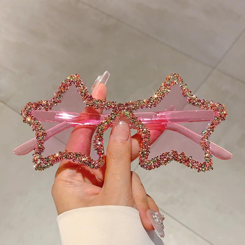 Chic Stars Design Pink Shades Women Rhinestone Shiny Trends Decor Sun Glasses New Ins Brand Holiday Beach Sunglasses