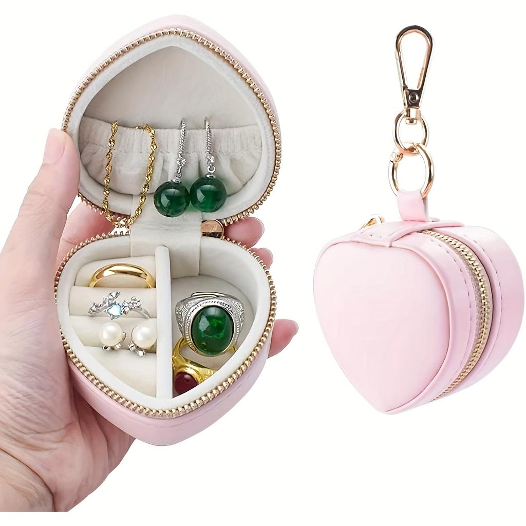 Cute Heart-Shaped PU Jewelry Box with Keychain, Zipper Closure Desktop Organizer Perfect for Earrings, Necklaces and Rings