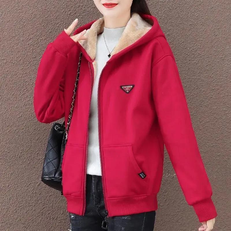 Plus Velvet Thick Warm Jacket Women's Autumn and Winter Plus Size Hooded Loose Fat Jacket Trend