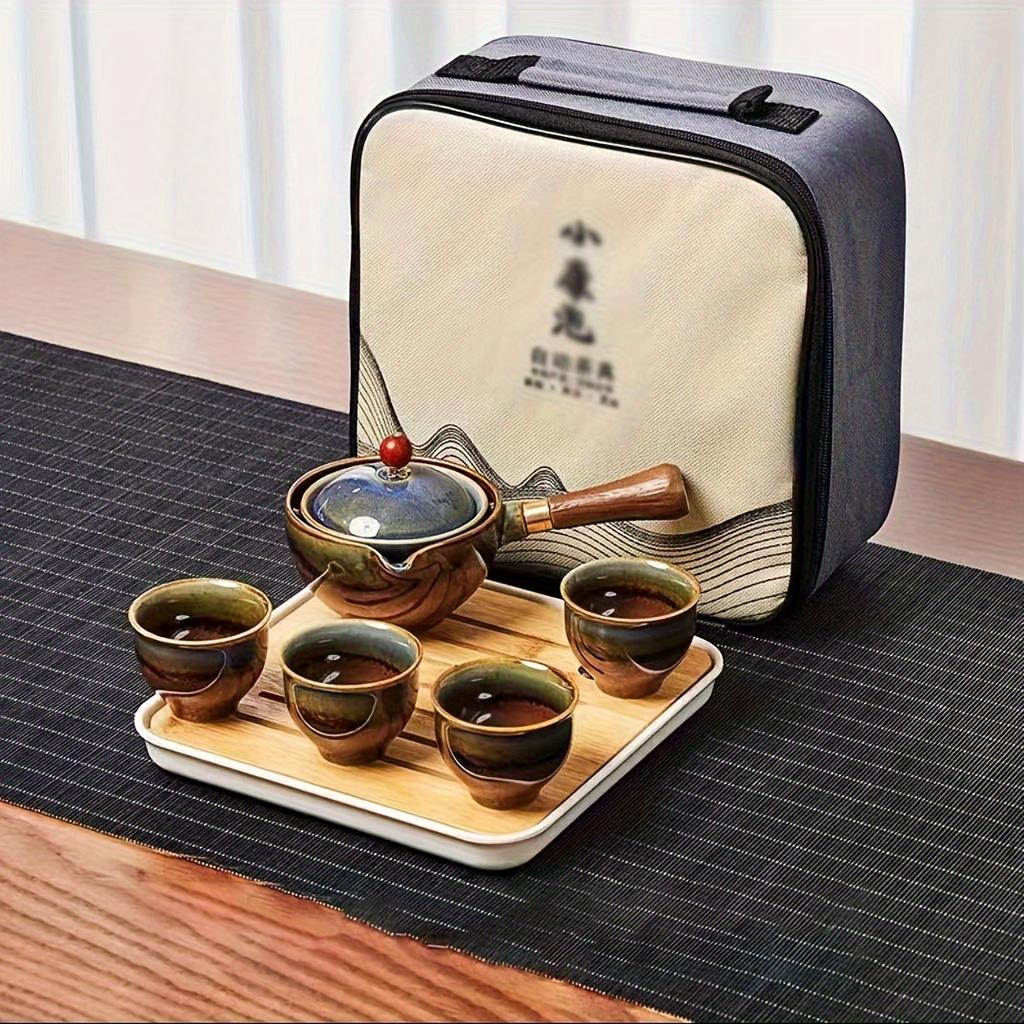 1/5/6/Stück Keramik-Teeservice, bedruckte Teekanne, tragbares Reise-Teeservice, Kung-Fu-Teekanne mit einfachem Verbrühschutzgriff, Teetassen, Teetablett, perfekt für zu Hause und