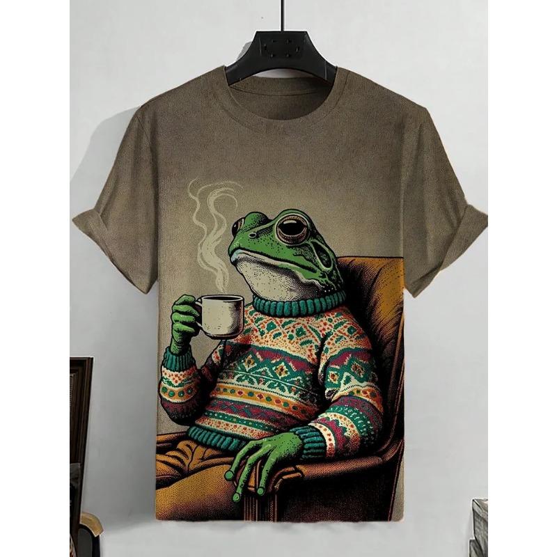 Summer Men's Fun Frog Art 3D Print T-Shirt Men's & Women's Short-Sleeve Crew Neck T-Shirt Relaxed Fit Casual Cartoon Top