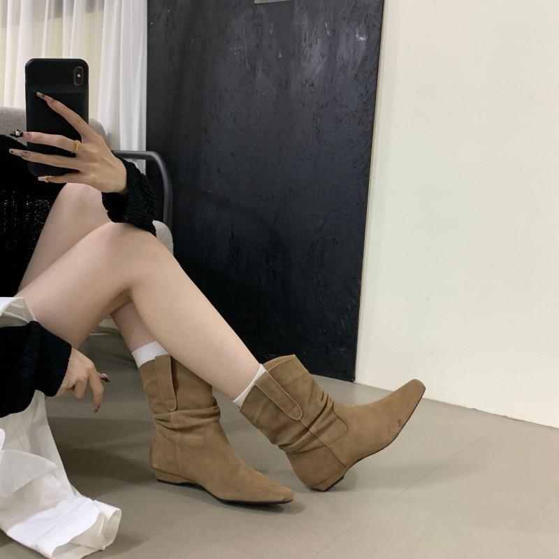 Cowhide version Korean version low-heeled pointed pleated stacking boots 2025 autumn and winter new retro flat-bottomed Martin boots cowboy boots