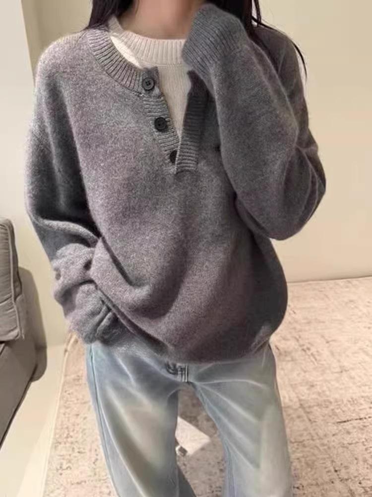 

Осень/Зима Женский Корейский Свободный Вязаный Свитер из 100% Шерсти - Мягкий, Универсальный, Пуловер-Джемпер с Круглым Вырезом, Подчеркивающий Фигуру Large серый