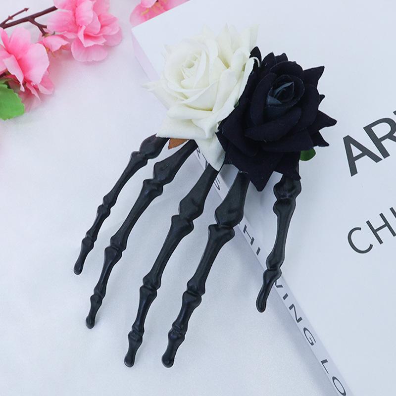 Halloween skull palm headdress, gothic imitation rose lace hairpin, scary atmosphere costume props